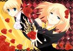  1girl aku_no_musume_(vocaloid) allen_avadonia black_dress blonde_hair blue_eyes brother_and_sister dress evillious_nendaiki flower formal hair_ornament hairclip kagamine_len kagamine_rin muraiaria petals rose short_hair siblings smile suit twins vocaloid 