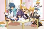  3boys bad_id bad_pixiv_id banana blonde_hair blue_eyes blue_hair body_writing controller detached_sleeves food fruit hair_ornament hair_ribbon hairclip highres kagamine_len kagamine_rin kaito kamui_gakupo multiple_boys nayu necktie panties pantyshot ponytail purple_hair remote_control ribbon seiza sitting striped striped_panties translated underwear vocaloid 