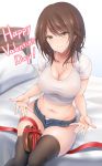  1girl bangs bed bed_sheet bedroom breasts brown_hair chocolate chocolate_heart cleavage closed_mouth commentary_request denim denim_shorts denpa_(denpae29) heart indoors large_breasts navel original pillow red_ribbon ribbon shirt short_shorts shorts sitting smile solo stomach thighhighs thighs valentine white_shirt yellow_eyes 