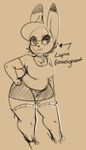  2016 anthro breasts chest_tuft clothed clothing female fur hair half-closed_eyes hand_on_hip lagomorph legwear mammal rabbit shorts simple_background smile solo stockings tacdoodles text thick_thighs thigh_highs tuft wide_hips 