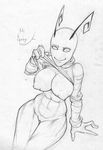  abs alien anthro autumm_airwave clothed clothing female flashing irken looking_at_viewer monochrome not_furry pussy smile solo thick_thighs 