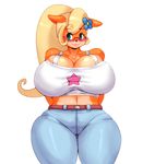 2016 anthro bandicoot belt big_breasts blonde_hair breasts cleavage clothed clothing coco_bandicoot crash_bandicoot_(series) eyebrows eyelashes eyewear female flower glasses hair hands_behind_back huge_breasts mammal marsupial matospectoru midriff navel plant simple_background smile solo video_games white_background wide_hips 