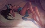  1girl artist_name bed black_eyes black_hair breasts feet head_mounted_display lips long_hair looking_at_viewer lying nail_polish nipples overwatch solo symmetra_(overwatch) toes topless web_address 