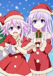  christmas hat k_(nura-rikuo) multiple_girls nepgear neptune_(choujigen_game_neptune) neptune_(series) purple_eyes purple_hair santa_costume santa_hat smile snow 