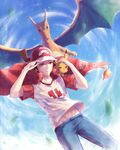  :&lt; artist_name bare_arms baseball_cap blue_pants blue_sky brown_eyes brown_hair cape character_name charizard closed_mouth clothes_writing cloud copyright_name day falling_leaves frown gen_1_pokemon half-closed_eyes hand_on_another's_head hand_on_headwear hat leaf light_particles male_focus motion_blur number pants pikachu pokemon pokemon_(creature) pokemon_(game) pokemon_sm raglan_sleeves red_(pokemon) red_cape shade shirt short_sleeves shuryukan sky stomach t-shirt wind 