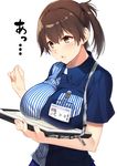  blush breast_rest breasts brown_eyes brown_hair carried_breast_rest commentary employee_uniform id_card inconvenient_breasts kaga_(kantai_collection) kantai_collection large_breasts lawson open_mouth side_ponytail simple_background solo uniform white_background yappen 