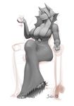  2013 anthro beverage big_breasts breasts canine cleavage clothed clothing costume female hair hi_res holding_glass holding_object jen_(jindragowolf) jindragowolf mammal simple_background sitting smile solo voluptuous wide_hips 