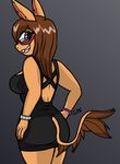  anthro big_breasts big_butt breasts brown_hair butt clothed clothing cocktail_dress cute digital_media_(artwork) donkey dress equine eyewear female fur ginae glasses green_eyes hair happy jewelry looking_at_viewer looking_back mammal pointy_ears rear_view simple_background smile solo standing tan_fur teeth 