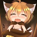  1girl animal_ears blush chen child costume deformed earring eyes_closed fang female flat_chest halloween holding kurumai multiple_tails musical_note navel open_mouth short_hair solo team_shanghai_alice touhou 