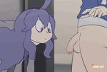  1boy 1girl ahoge animated animated_gif ass bardan calme_(pokemon) cum ejaculation elevator fellatio hairband hat hex_maniac_(pokemon) long_hair npc_trainer oral penis pokemon pokemon_(game) pokemon_xy purple_eyes purple_hair uncensored 