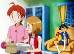  1boy 2girls hanako_(pokemon) hat multiple_girls pikachu plate pokemon pokemon_(anime) pokemon_xy satoshi_(pokemon) serena_(pokemon) 