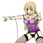  1girl bare_shoulders blush breasts cherie_currie cleavage corset cosplay edit eyebrows face female fishnets garter_belt k-on! kotobuki_tsumugi lingerie long_hair matsui_celine microphone open_mouth outstretched_arms panties pointing runaways simple_background smile solo standing strap_slip sweat thick_eyebrows thighhighs underwear underwear_only white_background 