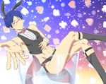  1boy black_legwear blue_hair blush bowtie bunny_ears detached_sleeves free! glass kneehighs kusanagi_kuon legs_crossed looking_at_viewer midriff monocle purple_eyes reaching_out ryuugazaki_rei sitting socks solo thighs water 