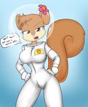  2016 annoyed anthro bodysuit breasts bubble_helmet clothed clothing dialogue english_text female flower fur half-closed_eyes hands_on_hips hi_res looking_at_viewer mammal nickelodeon open_mouth plant rodent sandy_cheeks simple_background skinsuit solo spongebob_squarepants squirrel standing text theoretical-chaos tight_clothing unamused 