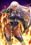  1girl aoi_nagisa_(artist) bare_shoulders blue_eyes breasts dark_skin female huge_breasts large_breasts legs leotard liliana lilith-soft long_hair looking_at_viewer nipples shiny shiny_skin silver_hair taimanin_(series) taimanin_asagi taimanin_asagi_battle_arena thong_leotard very_long_hair weapon 