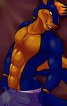  anthony anthro biting_lip blue_fur bulge canine clothed clothing fcsimba fur hair hybrid male mammal multicolored_fur muscular muscular_male orange_eyes orange_fur orange_hair pants pose sergal smile smirk solo underwear wolf 