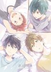  4boys black_hair brown_hair closed_mouth green_hair hands_behind_head high_speed! kirishima_ikuya lying male_focus multiple_boys nanase_haruka_(free!) open_mouth pillow red_hair shiina_asahi short_hair smile tachibana_makoto text zukki_(suzukio) 