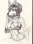  anthro armpits autumm_airwave canine clothed clothing fangs female fur hair mammal monochrome navel solo teeth wide_hips 