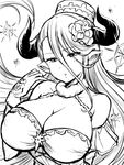  :o bare_shoulders breasts cleavage draph flower fur_collar gloves granblue_fantasy greyscale hair_between_eyes hair_flower hair_ornament halterneck hat highres horns izmir kanno_takanori large_breasts long_hair mole mole_under_mouth monochrome open_mouth pointy_ears simple_background snowflakes solo white_background 