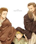  anakin_skywalker beard blonde_hair brown_hair cloak copyright_name facial_hair jedi matsuri6373 multiple_boys obi-wan_kenobi ponytail qui-gon_jinn star_wars star_wars:_the_phantom_menace younger 