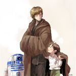  astromech_droid ben_solo brown_hair child cloak closed_eyes looking_at_another luke_skywalker male_focus matsuri6373 multiple_boys r2-d2 robot signature star_wars uncle_and_nephew younger 