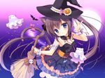  animal_ears bare_shoulders black_hair blue_eyes broom candy cat_ears cat_tail chestnut_mouth commentary_request food ghost halloween halloween_costume hat holding lollipop looking_at_viewer miyasaka_miyu original parted_lips solo tail twintails witch_hat wrist_cuffs 