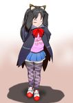  1girl black_hair child closed_mouth costume eyes_closed fake_animal_ears full_body gradient gradient_background halloween j7w original shadow shiny shiny_hair shoes skirt standing 
