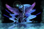  blue_eyes blue_feathers cutie_mark duskie-06 equine feathered_wings feathers female feral friendship_is_magic hooves horn lightsaber mammal my_little_pony nude princess_luna_(mlp) solo spread_wings standing star_wars winged_unicorn wings 