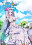  bangs branch breasts choker cloud cloudy_sky commentary_request copyright_name day dress flower gown head_wreath highres kanola_u large_breasts long_hair magic navel plant_on_head purple_eyes qurare_magic_library rock silver_hair sitting sky smile solo very_long_hair watermark wrist_cuffs 