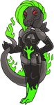  anthro arm_length_gloves black_skin boots clothing female footwear green_hair hair jawzdawg leather leather_clothing leather_suit legwear nintendo paws pok&eacute;mon red_eyes sandara_(jawzdawg) slit_pupils solo thigh_high_boots unknown_pokemon video_games 