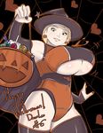  blonde_hair blush breasts candy cape curvy dazol elbow_gloves food gigantic_breasts gloves green_eyes halloween halloween_costume happy_halloween hat huge_breasts lollipop looking_at_viewer original pumpkin smile thick_thighs thighhighs thighs underboob underboob_cutout wide_hips witch witch_hat 
