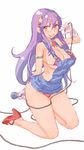  asamiya_athena bikini breasts collar full_body gloves hairband high_heels kneeling long_hair looking_at_viewer medium_breasts micro_bikini microphone navel open_mouth overall_skirt purple_hair red_bikini red_footwear shoes simple_background snk solo swimsuit the_king_of_fighters uniskie v white_background yellow_eyes 