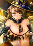  alternate_eye_color asymmetrical_bangs bangs bare_shoulders beatrix_(granblue_fantasy) between_breasts black_gloves blue_hat blush breast_hold breasts brown_eyes brown_hair chocolate chocolate_bar cleavage closed_mouth comic-z detached_collar detached_sleeves gloves granblue_fantasy halloween halloween_costume hat lips long_hair long_sleeves looking_at_viewer medium_breasts multiple_girls nose_blush solo_focus sweatdrop tears upper_body witch_hat yellow_eyes zeta_(granblue_fantasy) 