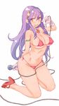  asamiya_athena bikini breasts collar full_body gloves hairband high_heels kneeling long_hair looking_at_viewer medium_breasts micro_bikini microphone navel open_mouth purple_hair red_bikini red_footwear shoes side-tie_bikini sideboob simple_background snk solo swimsuit the_king_of_fighters thighs tongue underboob uniskie v white_background yellow_eyes 