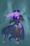  3_toes anthro armor big_feet breasts claws clothing dorukolorukalai feet female fur gunmouth hair melee_weapon mora night outside pink_hair polearm purple_fur solo star thick_thighs toe_claws toes tree weapon yellow_eyes 