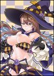  armpits bangs beatrix_(granblue_fantasy) breasts chausu checkered checkered_background detached_sleeves gloves granblue_fantasy hat long_hair medium_breasts nipples solo striped striped_legwear sweat thighhighs wardrobe_malfunction witch_hat 