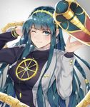  blurry bracelet breasts chitose_ao cleopatra_(fate/grand_order) earrings fate/grand_order fate_(series) green_eyes green_hair grey_background hairband jewelry large_breasts long_hair necklace one_eye_closed simple_background smile snake solo yellow_hairband 