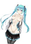  aqua_eyes aqua_hair bangs black_legwear breast_press breasts closed_mouth collarbone hair_ornament hatsune_miku highres hip_bones kavies knees_together long_hair looking_at_viewer md5_mismatch medium_breasts navel nipples nude pale_skin pussy simple_background skirt skirt_pull smile solo topless twintails very_long_hair vocaloid white_background wide_sleeves 