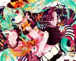  2016 basket blue_eyes bow bowtie braid candy commentary_request cowboy_shot cross cross_earrings dated dress dutch_angle earrings food garter_straps gothic_lolita green_hair halloween happy_halloween hat hatsune_miku heterochromia highres jewelry lolita_fashion lollipop long_hair looking_at_viewer mini_hat red_eyes remimim solo striped striped_legwear swirl_lollipop thighhighs tombstone twintails very_long_hair vocaloid witch_hat 