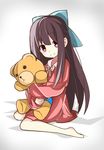  brown_eyes brown_hair child doll dress hair_ribbon highres hug long_hair looking_at_viewer ribbon rin_(shelter) shelter_(music_video) simple_background sitting smile solo stuffed_animal stuffed_toy teddy_bear tied_hair vanna 