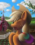  applejack_(mlp) barn blonde_hair day detailed_background duskie-06 earth_pony equine female feral friendship_is_magic fur green_eyes hair hat horse mammal my_little_pony one_eye_closed open_mouth orange_fur outside pony sky smile solo teeth tongue 