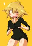  :d ahoge ass_visible_through_thighs bangs blonde_hair blush breast_squeeze breasts collarbone heart konohana_saku looking_to_the_side medium_breasts one_eye_closed open_mouth original panties shirt short_hair short_sleeves simple_background smile solo underwear yellow_background yellow_panties 