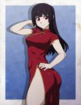  ass black_hair breasts china_dress chinese_clothes commentary cowboy_shot dress hair_flip hand_on_hip highres kanoe_yuuko long_hair looking_at_viewer medium_breasts nail_polish no_panties red_dress red_eyes red_nails side_slit smile solo spike_wible tasogare_otome_x_amnesia thighs 