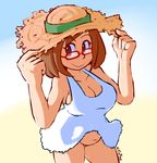  adjusting_clothes adjusting_hat beach belly bottomless breasts brown_eyes brown_hair cleavage collarbone dress fupoo glasses hat large_breasts navel nikki_(swapnote) no_panties plump revealing_clothes short_hair sideboob smile solo sun_hat sundress swapnote sweat thighs 