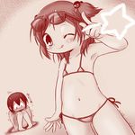  ... 2girls akita_shoten armpit bare_shoulders beretta_(kokoaka) bikini black_hair blush child cowboy_shot flat_chest glasses hair_bobbles hair_ornament hino_kaoru licking_lips looking_at_viewer micro_bikini midriff mitsudomoe mitsumine_megu multiple_girls navel one_eye_closed open_mouth polka_dot polka_dot_swimsuit side-tie_bikini standing star sweat swimsuit text tongue tongue_out twintails v wink 