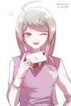  1girl ahoge akamatsu_kaede artist_name blonde_hair breasts cellphone commentary_request danganronpa eighth_note eyebrows_visible_through_hair heart holding holding_cellphone holding_phone large_breasts long_hair long_sleeves looking_at_viewer musical_note musical_note_hair_ornament necktie new_danganronpa_v3 number one_eye_closed open_mouth phone pink_eyes pink_sweater_vest red_heart red_neckwear school_uniform shirt simple_background smile solo sweater_vest upper_body white_background white_shirt z-epto_(chat-noir86) 