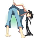  androgynous ass barefoot black_hair drifters fujiwara_riyu full_body hair_ribbon long_hair looking_at_viewer male_focus nasu_no_yoichi ponytail purple_eyes ribbon smile solo 