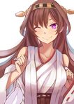  bare_shoulders brown_hair clenched_hands collarbone detached_sleeves hairband highres kantai_collection kongou_(kantai_collection) long_hair looking_at_viewer nontraditional_miko one_eye_closed purple_eyes ribbon-trimmed_sleeves ribbon_trim simple_background smile solo upper_body white_background yuzu_(masami) 