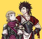  annoyed arm_on_shoulder armor artist_request bell black_armor blonde_hair brown_hair cape fire_emblem fire_emblem_if grey_eyes grin headband height_difference japanese_clothes multiple_boys muscle one_eye_closed pectorals pout puffy_sleeves red_eyes sash shinonome_(fire_emblem_if) short_hair siegbert_(fire_emblem_if) simple_background smile spiked_hair yellow_background 