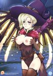  1girl alternate_costume areolae artist_name blonde_hair blue_eyes blush breasts breasts_out elbow_gloves eyebrows_visible_through_hair eyes_visible_through_hair lip_biting looking_at_viewer mechanical_wings mercy_(overwatch) nipples overwatch shadowfenrir solo thighhighs web_address witch witch_hat 